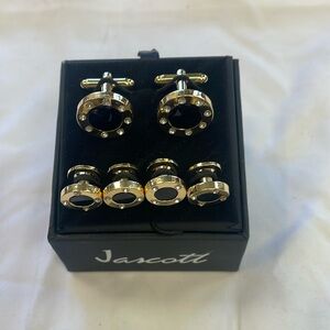 Onyx and Cubic Zirconia Circular Cufflinks and Studs Set Gold Trim NWT